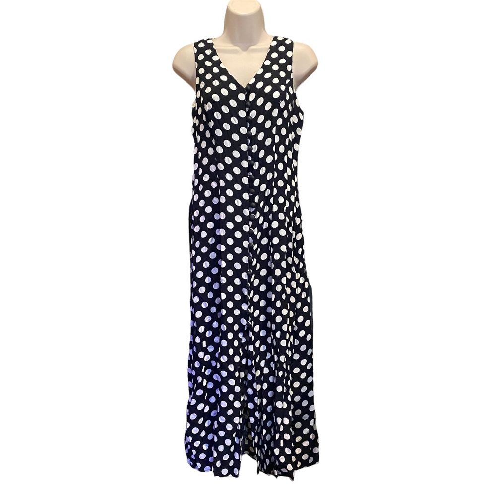 VTG Dawn Joy Navy White Polka Dot 90s Button Front Sleeveless Dress